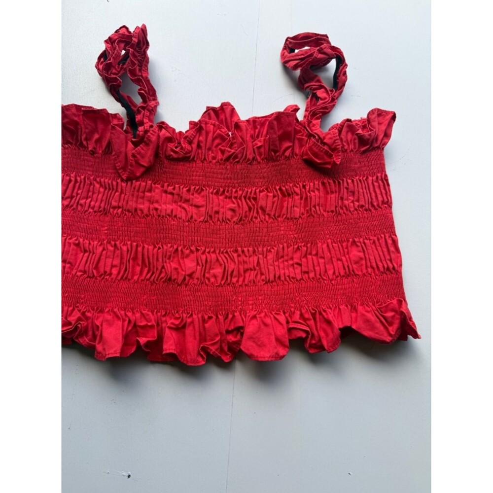 Agaci cropped Red Ruffled Smocked L shirt large Crop tube top scrunched A12
